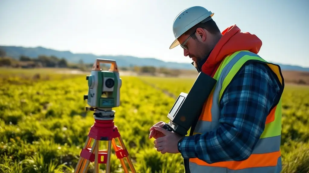 A EastWest land surveyor conducting a contour survey in a landscape using a total station on a tripod.